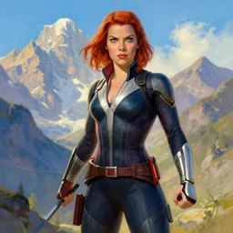 black widow ( natasha romanova ) on mountains, marvel, artwork by nicholas roerich,