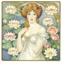 centered detailed three quarter view portrait of a stunningly beautiful woman with ornate water lilies growing around in a frame, roses, elegant, full frame, art by kay nielsen and walter crane, illustration style, watercolor