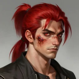 portrait, 30 years old man :: ponytail hairstyle, red hair :: burned face :: high detail, digital art, RPG, concept art, illustration