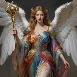 an anthropomorphic beautiful goddess female wizard made of angel portrait holding a staff wearing colourful robe, fine art, award winning, intricate, elegant, sharp focus, octane render, hyperrealistic, cinematic lighting, highly detailed, digital painting, 8 k concept art, art by jamie hewlett and z. w. gu, masterpiece, trending on artstation, 8 k