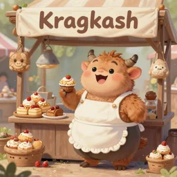 a cute painting, an adorable short fat obese kobold wearing a frilly apron is happily selling pastries at her stall in the market at kragkash, intricate, highly detailed, artstation, concept art, smooth, sharp focus, colorful scene, art by artgerm and greg rutkowski and wlop
