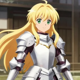 Anime key visual of a heroic blonde girl wearing knight armor, official media, Top rated on Pixiv, Kyoto animation studio