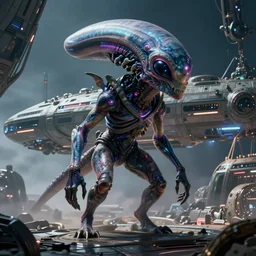 VFX movie of a futuristic inhuman alien in future spaceship, detailed creature skin neon lighting by Emmanuel Lubezki