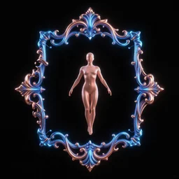 Person levitating :: centered on a black background ::2 elements + blue + bronze + neon + baroque + rococo + white + ink + tarot card + sébastien mitton, viktor antonov, sergey kolesov, detailed, intricate ink illustration + magic + glow