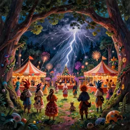 closeup of a night carnival inside a tree cavity in a magical forest in the middle of a summer storm, with a music scenario with many fireworks and christmas lights, volumetric lightning, instense god rays in the sky, folklore people disguised with fantastic creatures in a magical forest by summer night, masterpiece painted by maxfield parrish, very coherent and colorful high contrast masterpiece,