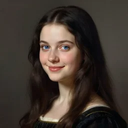 full body portrait of a girl with blue eyes, gentle round face, with a bright smile, long dark hair, highly detailed, deep focus, elegant, digital painting, smooth, sharp focus, golden ratio, illustration, ultra realistic, 8 k, art by artgerm and caravaggio