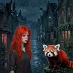 a highly detailed epic cinematic concept art cg render digital painting artwork : dark rainy night scene in town, red hair girl and red panda!!!. by greg rutkowski, in the style of francis bacon and syd mead and norman rockwell and beksinski, painted by francis bacon and edward hopper, surrealism, airbrush, artgerm, very coherent, triadic color scheme, art by takato yamamoto and james jean