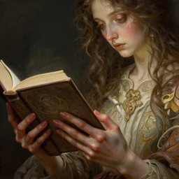 a girl reading a book, detailed hands, detailed fingers, insane, intricate, highly detailed, digital painting, artstation, concept art, smooth, sharp focus, illustration, unreal engine 5, 8 k, art by artgerm and greg rutkowski and alphonse mucha