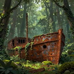 rusty ship wreck in a lush forest, sci-fi, ivy, moss, concept art by Ruan Jia and Greg Rutkowski and Sparth, global illumination