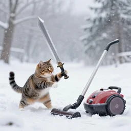 a cat wielding a greatsword while fighting a vacuum cleaner outside in the snow, blizzard