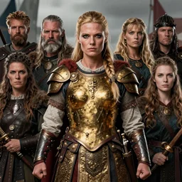 Portrait of a majestic fierce viking woman, highly detailed, viking attire, gold plated chest plate, armor skirt, cinematic, 8k, 1080s, by Stanley Artgermm, Tom Bagshaw, Greg Rutkowski, Vincent di Fate, Carne Griffiths, Ayami Kojima, trending on DeviantArt, hyper detailed, full of color, digital art,