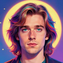 a colorful closeup portrait of the dude from the big lebowski. he holds all the wisdom of the world in his eyes. dreamy vibes floating head and dreaming psychedelic hair. halo behind his head. trending on artstation. intricate detail. hyperrealistic 8 k. flat design