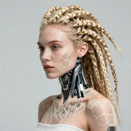 full colour beautiful biomechanical female blonde dreadlock cyborg, realistic skin, geometrical octagonal lace tattoos, alexander mcqueen, art nouveau fashion embroidered, futuristic android jones style steampunk, trippy lsd hippie, craftsmanship, intricate silver filigrees, contrast hexagonal mesh wire, mandelbrot fractal mandala, alex grey, giger, hyperreal, photorealistic