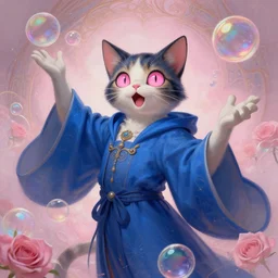 dream portrait of a cat wizard wearing blue robes, dreamy and ethereal, expressive pose, big pink eyes, exciting expression, fantasy, intricate, elegant, many rainbow bubbles, rose tones, highly detailed, digital painting, artstation, concept art,cyberpunk wearing, smooth, sharp focus, illustration, art by artgerm and greg rutkowskiand alphonse mucha,Salvador Dali.