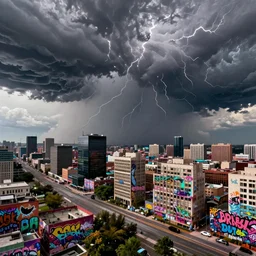 long exposure photograph of severe weather storms above an Beautiful Orwellian City, detailed textures, hyper realistic, vibrant colors, cinematic lighting, graffiti art style, climate change, digital art painting by greg rutkowski, cinematic, concept art, 35mm grain filter, artstation