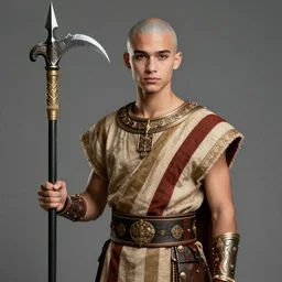 portrait bald young jaden smith as ancient libu warrior, striped cloth, holding khopesh, intricate, elegant, highly detailed, digital painting, artstation, concept art, smooth, sharp focus, illustration, orientalism, bouguereau, rutkowski, mucha
