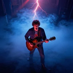 dwight schrute playing the guitar with a vengance and yelling, dramatic scene, heavy blue fog, red lightning, ultra wide angle, movie still, photorealistic, stranger things, netflix, upside - down, colorful lighting, grainy, aerial shot, shot from above, movie still