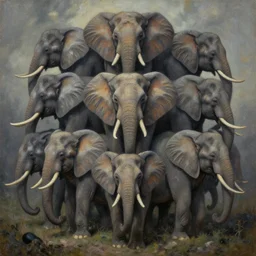 infinite elephants as metaphor for containing multitudes by beksinski, horror oil on canvas