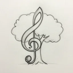 a sketch of an acorn that turns into a tree in the shape of a treble clef with a perceptual edge in the middle, single line drawing