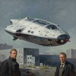 a beautiful matte painting of a alien spaceship over the soviet communist blocks simon stalenhag and alan bean, trending on artstation, realistic rendering