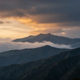 a landscape photography by felix indrawan, mountains, clouds, dramatic lighting, sunset
