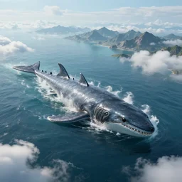 aerial view of an alien ocean with clouds above it, sea leviathan serpent emerging out of the water, mountains on the background, octane render, detailed,