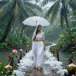 monsoon on tropical island, attractive oriental native in white, frontal, ornate, beautiful, atmosphere, vibe, mist, coconuts, rain, wet, pristine, puddles, melting, dripping, snow, creek, lush, ice, bridge, forest, roses, flowers, by rembrandt 1 6 6 7