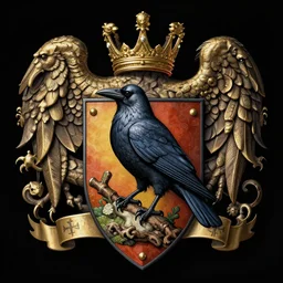 mythical crow of wisdom with full colour on sheild, family crest, coat of arms, very detailed, symmetrical, full frame, dramatic shading, jonathan pointer, janie penny,