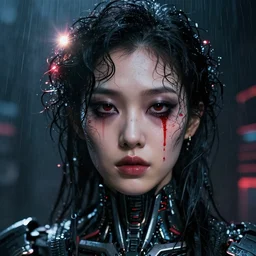facial portrait of a korean future android with dark smeared makeup, wet curly hair, red tears, sci - fi face tattoo, a dark cyberpunk background, lens flare, rain, deep focus, d & d, intricate, elegant, highly detailed, photo, artstation, blade runner, 8 k, sharp focus, octane, unreal engine 5, global illumination, radiant