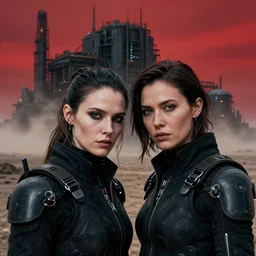 cinestill 5 0 d photographic portrait of two loving female androids wearing rugged black techwear on a desolate plain with a red sky, extreme closeup, cyberpunk style, in front of a brutalist dark metal facility, dust storm, 8 k, hd, high resolution, 3 5 mm, f / 3 2, ultra realistic faces, ex machina