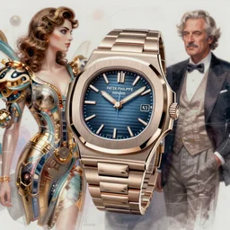 fashion dreamy digital reference of luxury watch patek philippe nautilus 5 7 1 1, blue dial, by krenz cushart peter mohrbacher norman rockwell michael cheval gerald brom alphonse mucha beautiful detailed watch futuristic attire, french wave