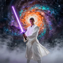 one jedi master in white robes holding a purple lightsaber, spirit plane of nebula and fog mist, orange purple turquoise by wayne barlowe, by james jean, by paul lehr, by michael whelan