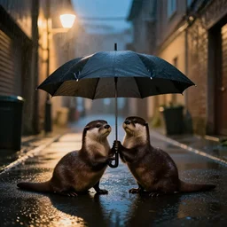 an emotional picture of two otters under one umbrella at night in an ally, it is raining heavily, street lanterns are shining, they are reflected on the rainy street, 35mm, motion blur