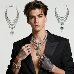 a photographic character model design of a very handsome young confident man wearing excessive jewelry in an ornate and elegant way