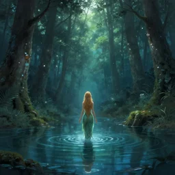 forest nymph rising from the water. view from behind, wide angle view, back view. james gurney, james jean, greg rutkowski, anato finnstark. trending on artstation, starlight, and enchanted dreams