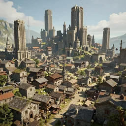fantasy medieval city, sprawling slums, stone warehouses, skyscrapers, 4 k, detailed, octane render, postcard
