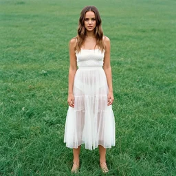 Jessica Alba teen ethereal dress in grass, photo by alessio albi, modern hi res photography, candid, Skin like Jessica Alba, full body female, film grain, modern photography,