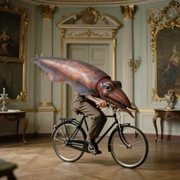 movie still by tarkovsky of a giant squid riding a bike, in an ornate tiny neoclassical room, cinestill 8 0 0 t 3 5 mm monochrome, high quality, heavy grain, high detail, panoramic, ultra wide lens, cinematic composition, dramatic light, anamorphic, raphael style, piranesi style