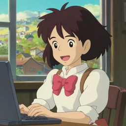 anime fine details portrait of joyful school girl sits in her room near computer, open window, city landscape on the background deep bokeh, close-up, anime masterpiece by Studio Ghibli. 8k, sharp high quality classic anime from 2000 in style of Hayao Miyazaki