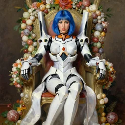 a portrait of dua lipa with short blue hair dressed with a robot knight plastic white armor from evangelion, sit in a throne sorrounded by garlands of marble fruits and flowers, masterpiece painted by jc leyendecker