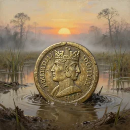 a detailed and accurate masterpiece painting of a incan coin in muddy water in a swamp, foggy sunset, by tyler edlin, noah bradley, john j. park, jordan grimmer trending on artstation