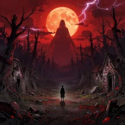 abandoned bloodborne old valley with a person at the centre and a phantom at the end, trees and stars in the background, falling red petals, epic red - orange moonlight, perfect lightning, illustration by niko delort and kentaro miura, 4 k, ultra realistic