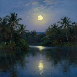 the night lake of light, tropical vegetation, serene twilight moonlight, by frederic edwin church,