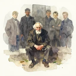 small centered on watercolor paper, paint brush strokes, abstract watercolor painting of old man sitting, poor, cinematic light, national romanticism by hans dahl, by jesper ejsing, by anders zorn, by greg rutkowski, by greg manchess, by tyler edlin
