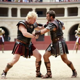 film still of a gladiator arena duel fight, boris johnson wrestles emmanuel macron