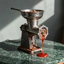 a rusty vintage meat grinder full of ground beef and ketchup on a green marble table