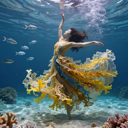 woman dancing underwater wearing a long flowing dress made of many translucent layers of gold and blue lace seaweed, bolts of bright yellow fish, delicate coral sea bottom, swirling silver fish, swirling smoke shapes, octane render, caustics lighting from above, cinematic, hyperdetailed