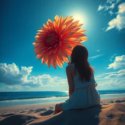 closeup giant dahlia flower head, girl sitting on beach, surreal photography, blue sky, sunrise, dramatic light, impressionist painting, digital painting, artstation, simon stalenhag