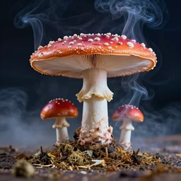 amanita muscaria smoking weed, hyperreal, ethereal, realistic, space background