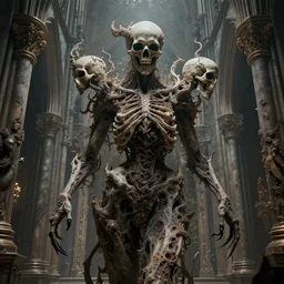 ghostly figure, morphing skulls, an evolution of evil, ornate cathedral interior, abstract, decay, giger textures, h. r. giger infinitely complex detail, by antoine wiertz and noah bradley, visually stunning, cinematic, ultra realistic, hyper realism, 1 2 k, epic, octane render, unreal engine, vfx, maya